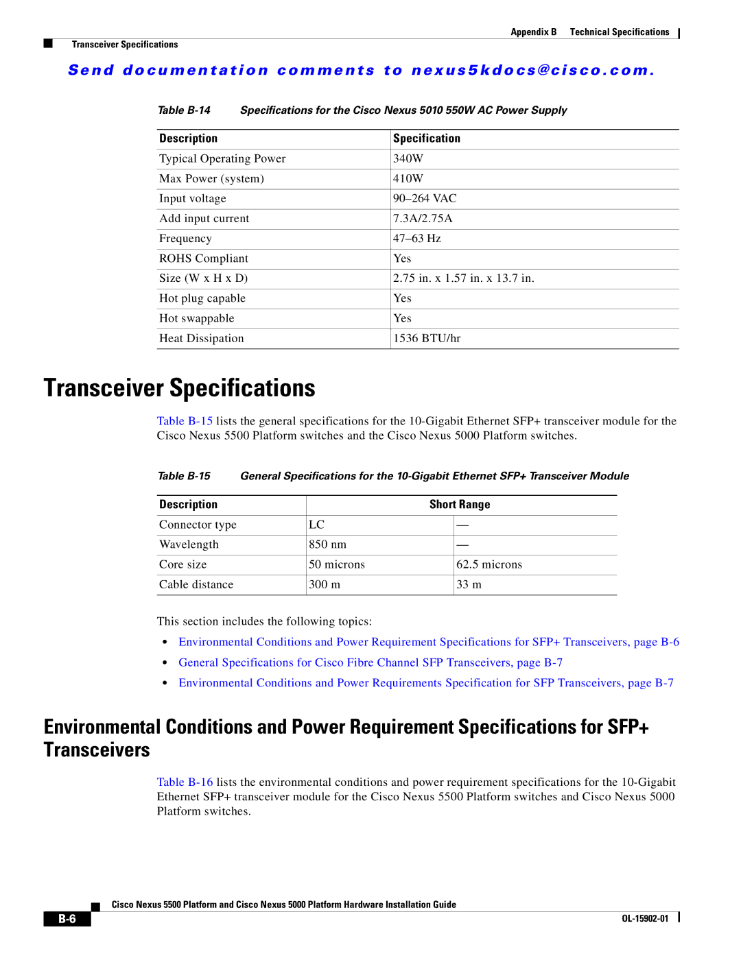 Cisco Systems 5000 manual Transceiver Specifications, Description Short Range 