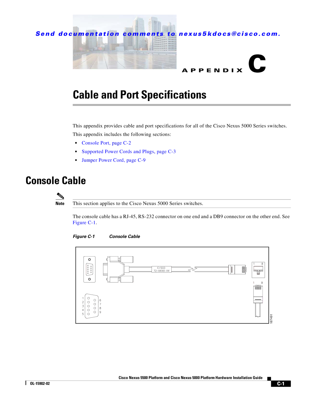 Cisco Systems 5000 manual Cable and Port Specifications, Console Cable 