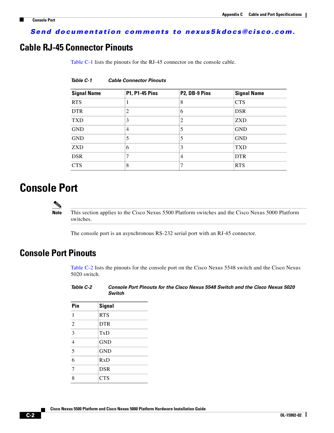 Cisco Systems 5000 manual Cable RJ-45 Connector Pinouts, Console Port Pinouts, Signal Name P1, P1-45 Pins P2, DB-9 Pins 