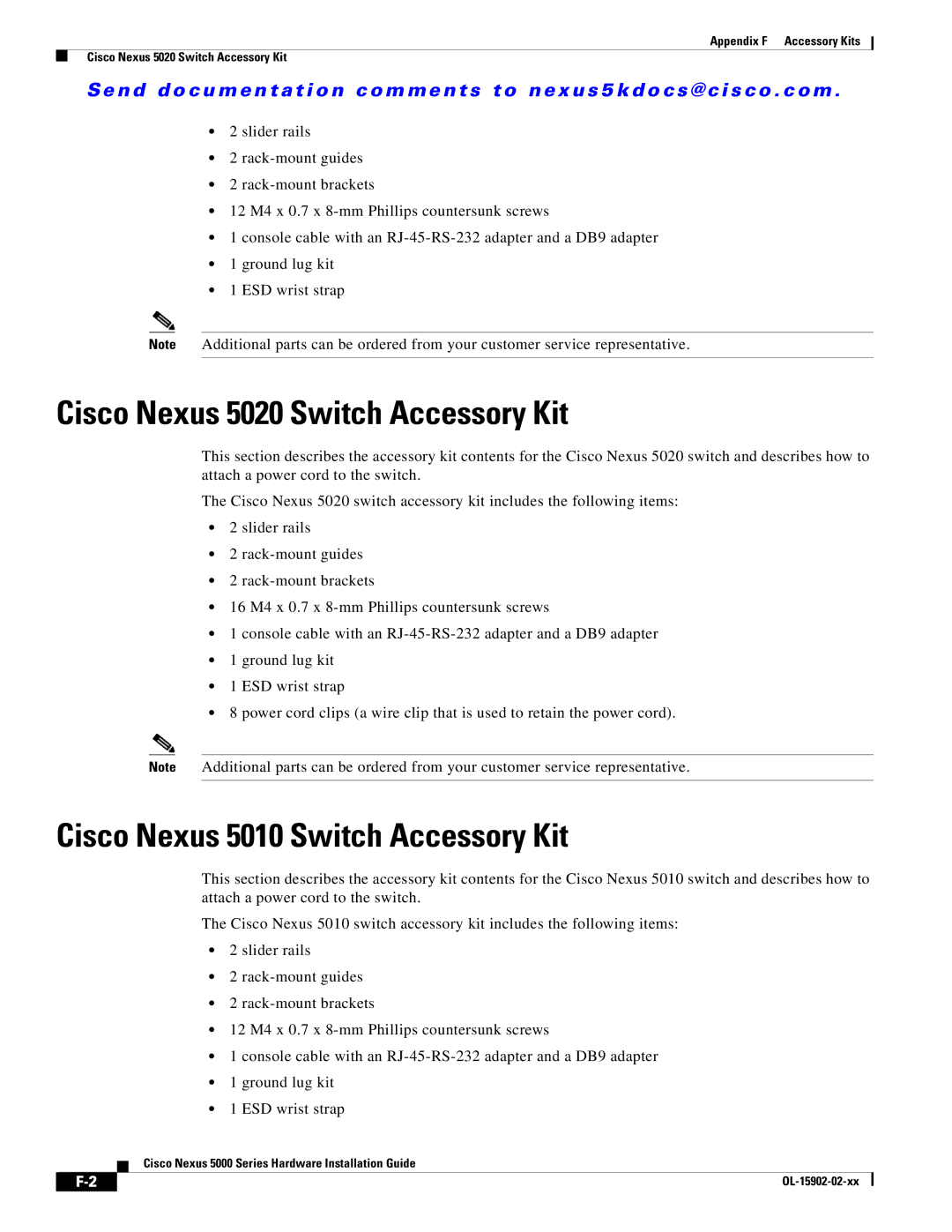 Cisco Systems 5000 manual Cisco Nexus 5020 Switch Accessory Kit, Cisco Nexus 5010 Switch Accessory Kit 