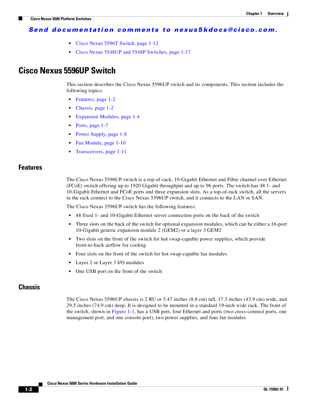 Cisco Systems 5000 manual Cisco Nexus 5596UP Switch, Features, Chassis 