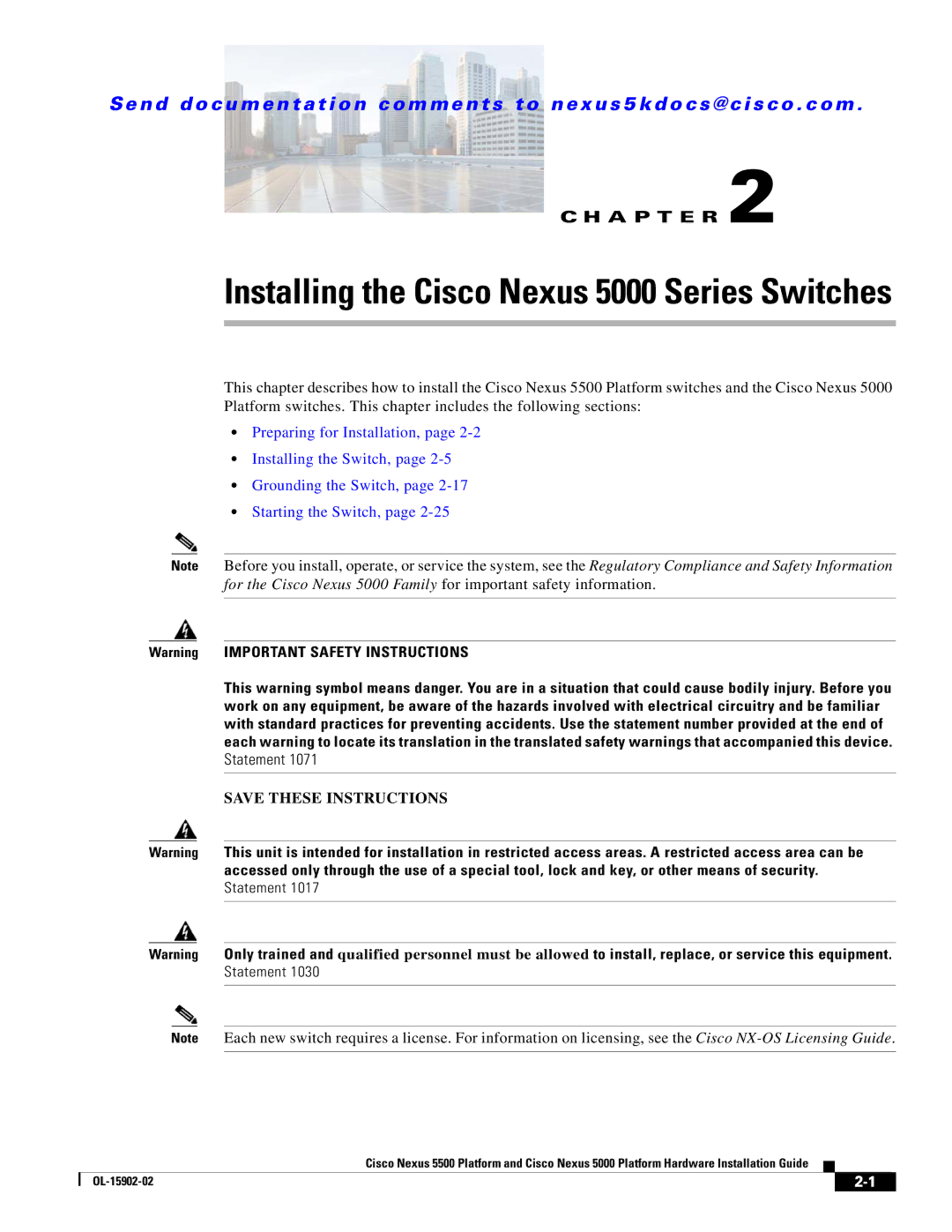 Cisco Systems manual Installing the Cisco Nexus 5000 Series Switches 