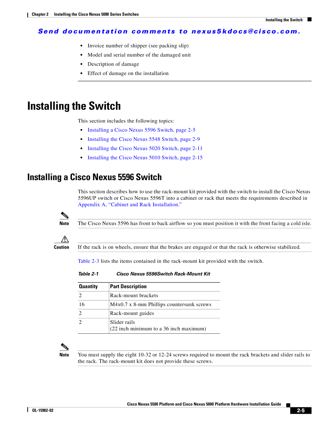 Cisco Systems 5000 manual Installing the Switch, Installing a Cisco Nexus 5596 Switch, Quantity Part Description 