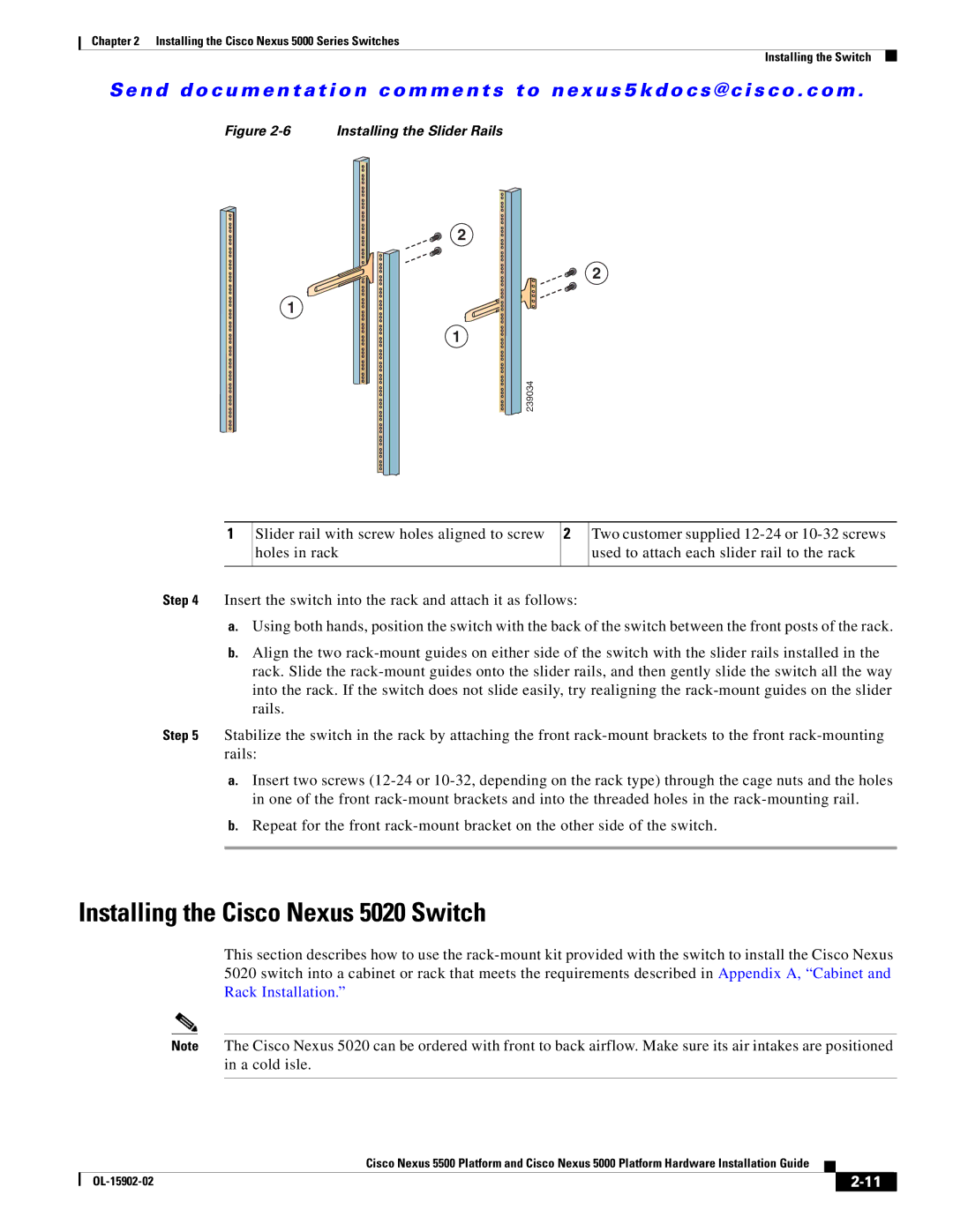 Cisco Systems 5000 manual Installing the Cisco Nexus 5020 Switch, Installing the Slider Rails 