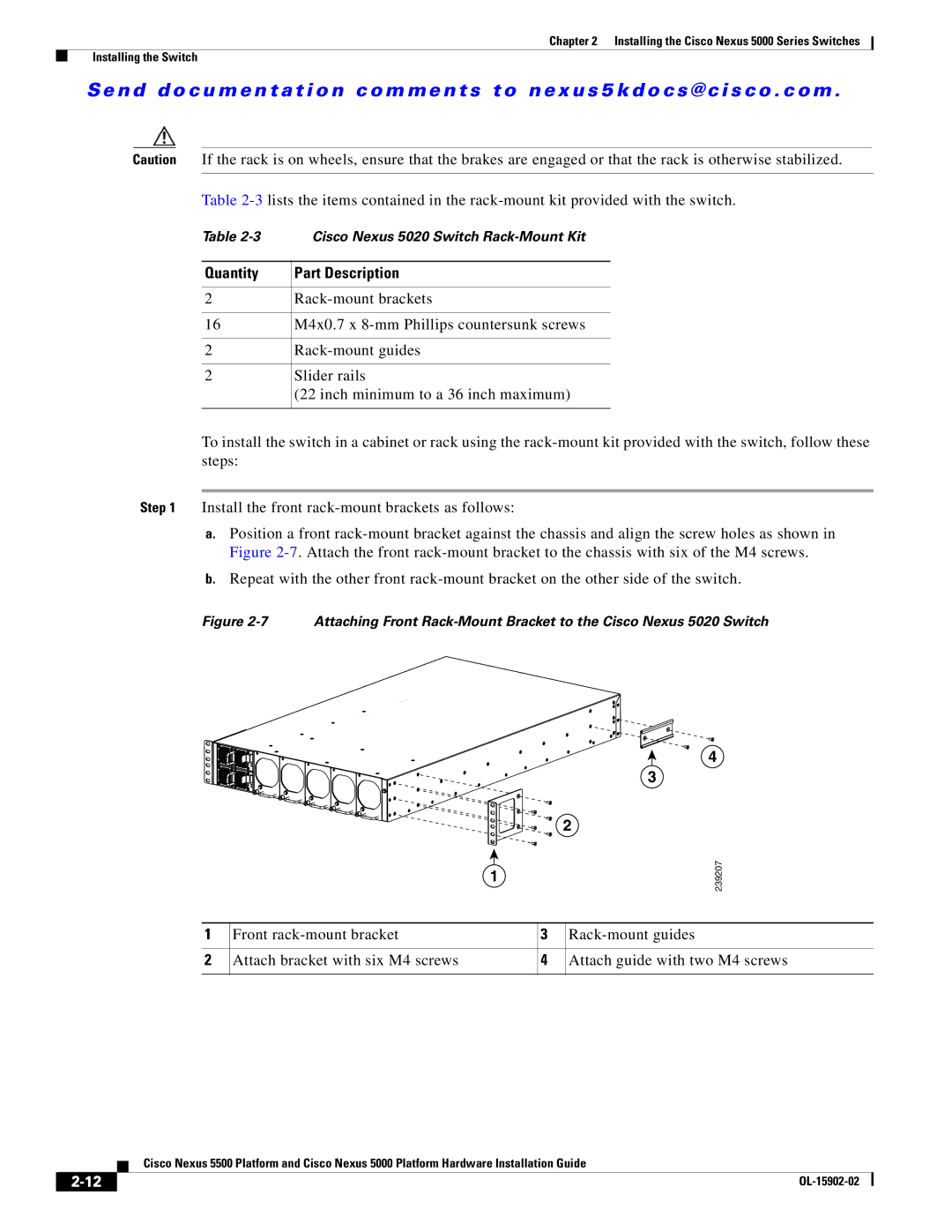 Cisco Systems 5000 manual Cisco Nexus 5020 Switch Rack-Mount Kit 