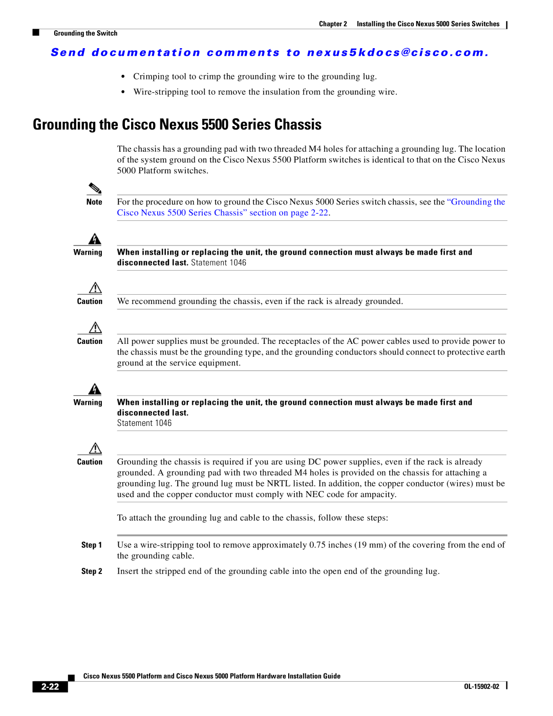 Cisco Systems 5000 manual Grounding the Cisco Nexus 5500 Series Chassis 