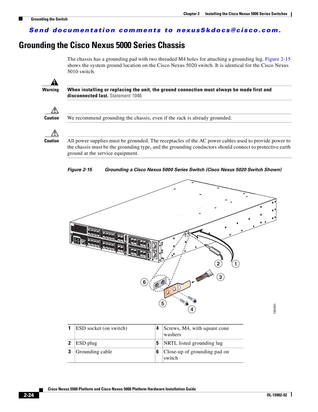 Cisco Systems manual Grounding the Cisco Nexus 5000 Series Chassis 