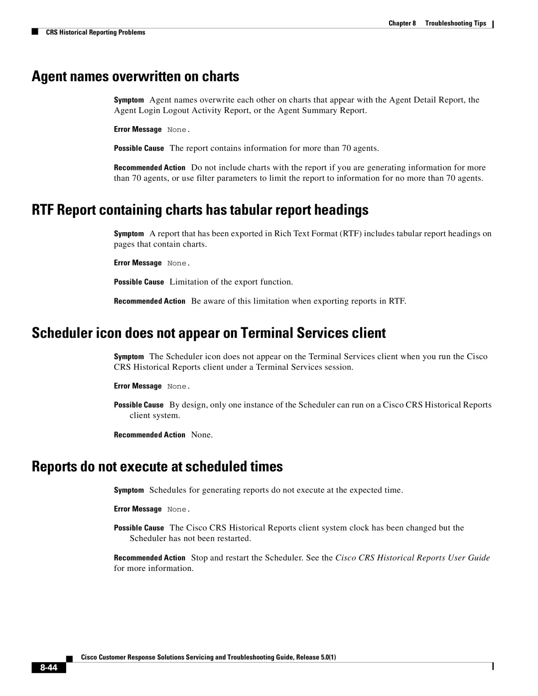 Cisco Systems 5.0(1) manual Agent names overwritten on charts, RTF Report containing charts has tabular report headings 