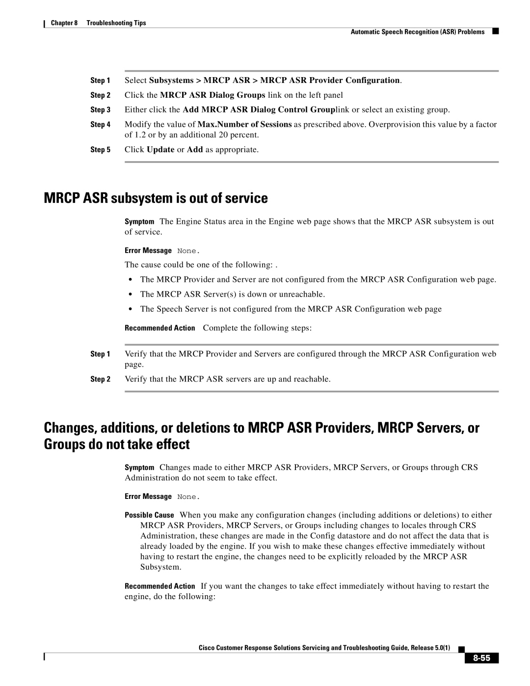 Cisco Systems 5.0(1) Mrcp ASR subsystem is out of service, Select Subsystems Mrcp ASR Mrcp ASR Provider Configuration 