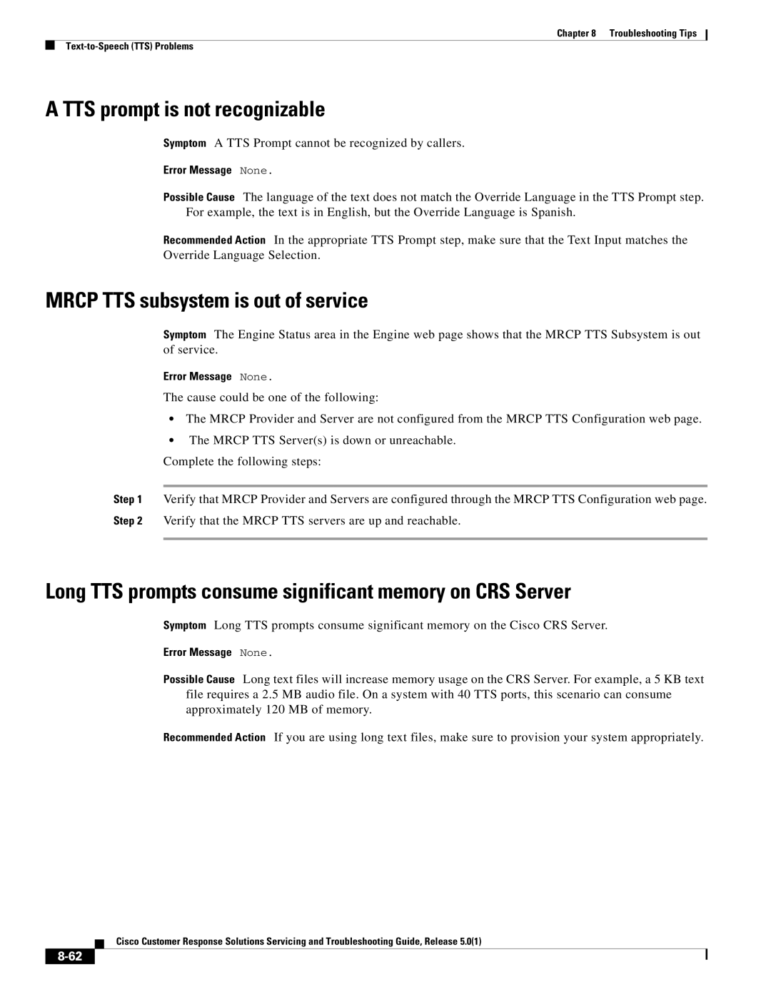 Cisco Systems 5.0(1) manual TTS prompt is not recognizable, Mrcp TTS subsystem is out of service 