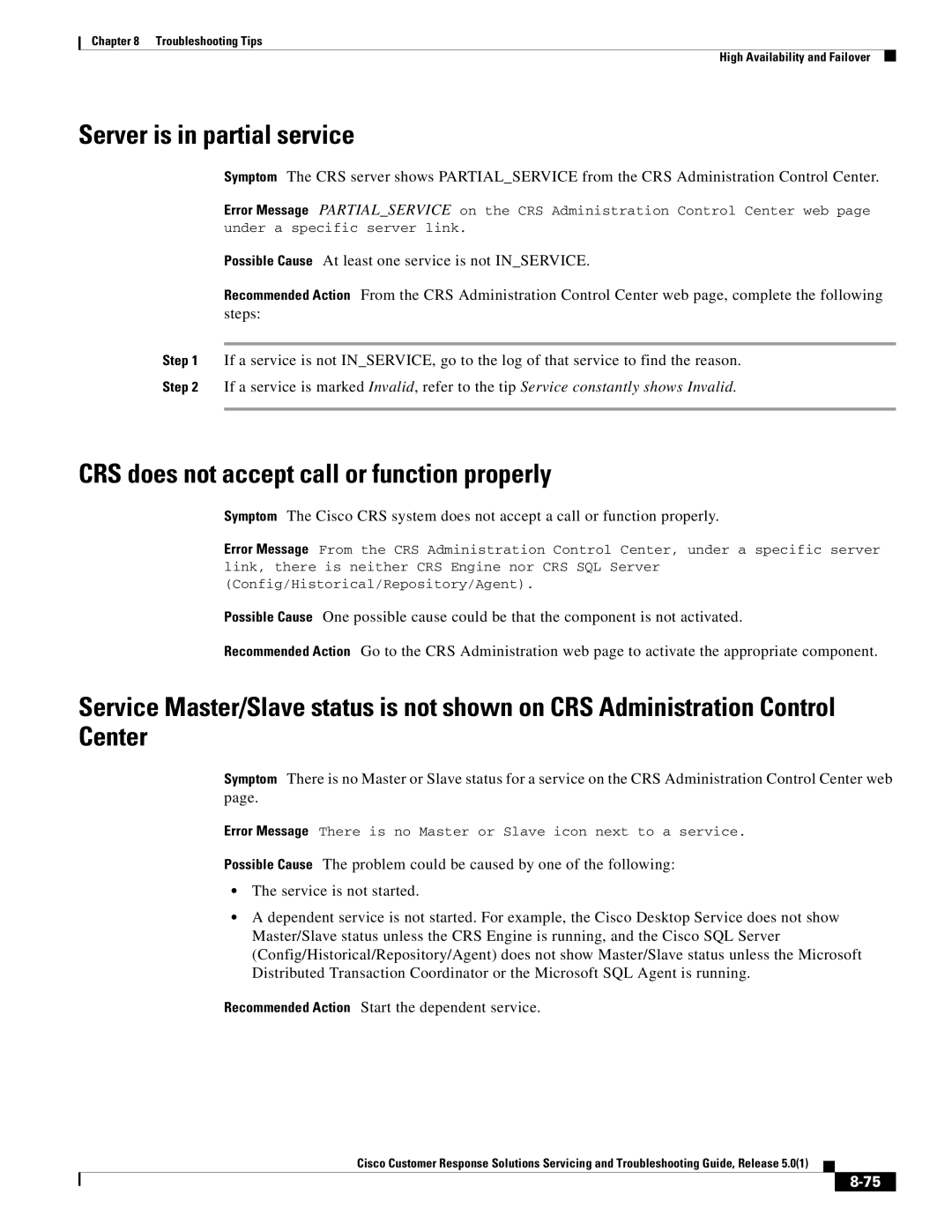 Cisco Systems 5.0(1) manual Server is in partial service, CRS does not accept call or function properly 