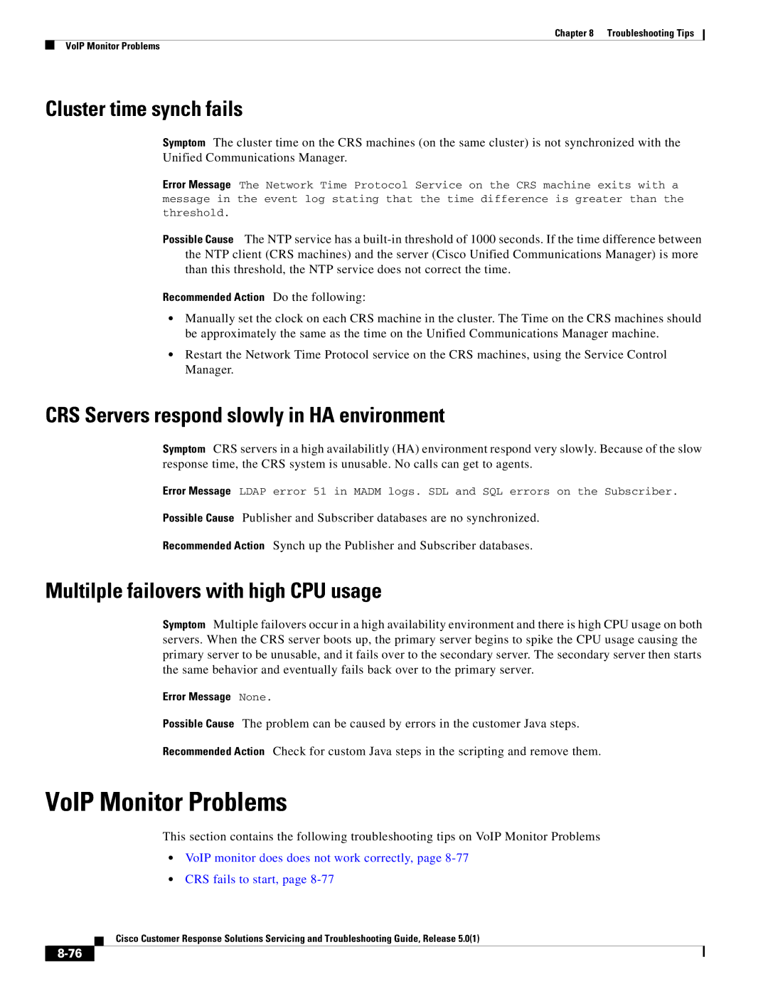 Cisco Systems 5.0(1) manual VoIP Monitor Problems, Cluster time synch fails, CRS Servers respond slowly in HA environment 