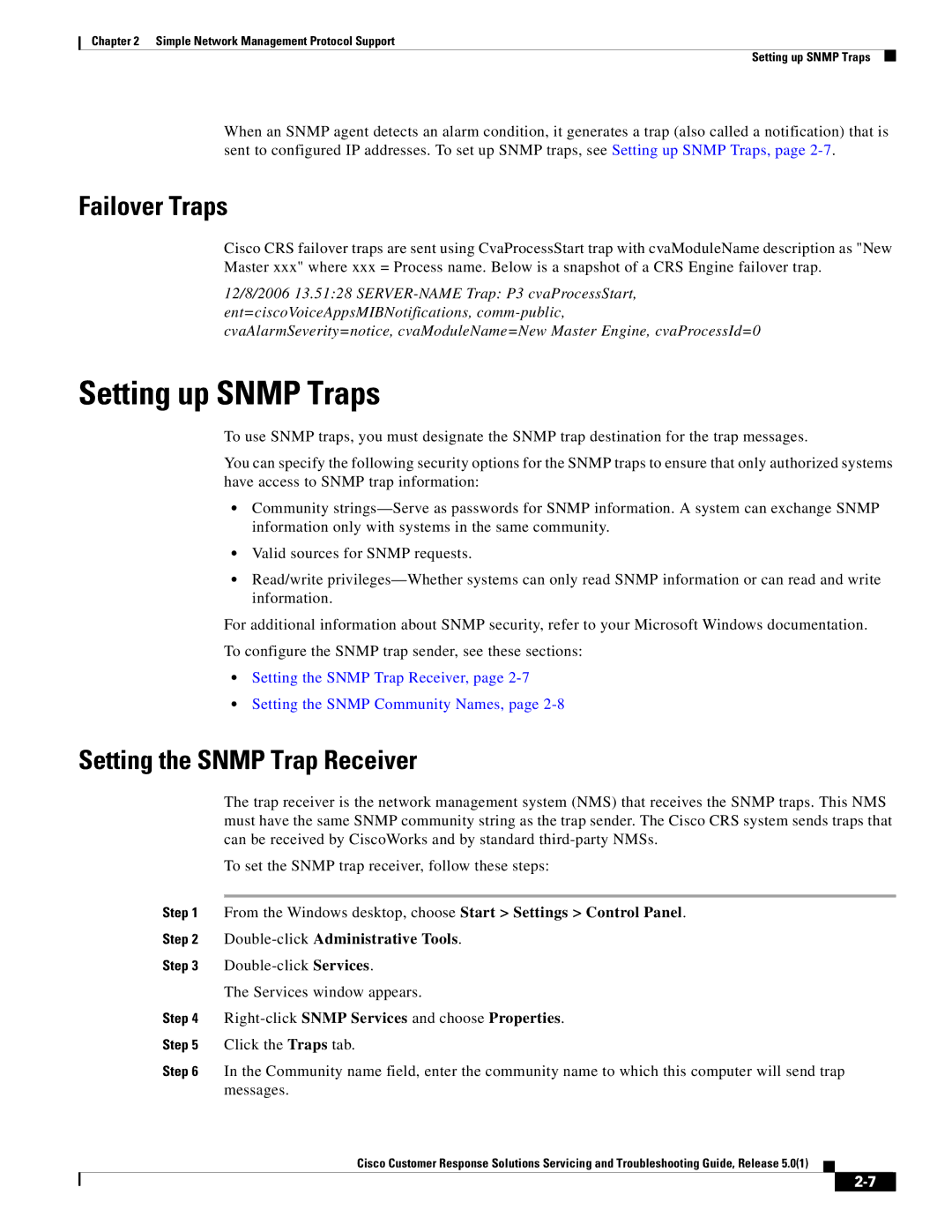 Cisco Systems 5.0(1) manual Setting up Snmp Traps, Failover Traps, Setting the Snmp Trap Receiver 