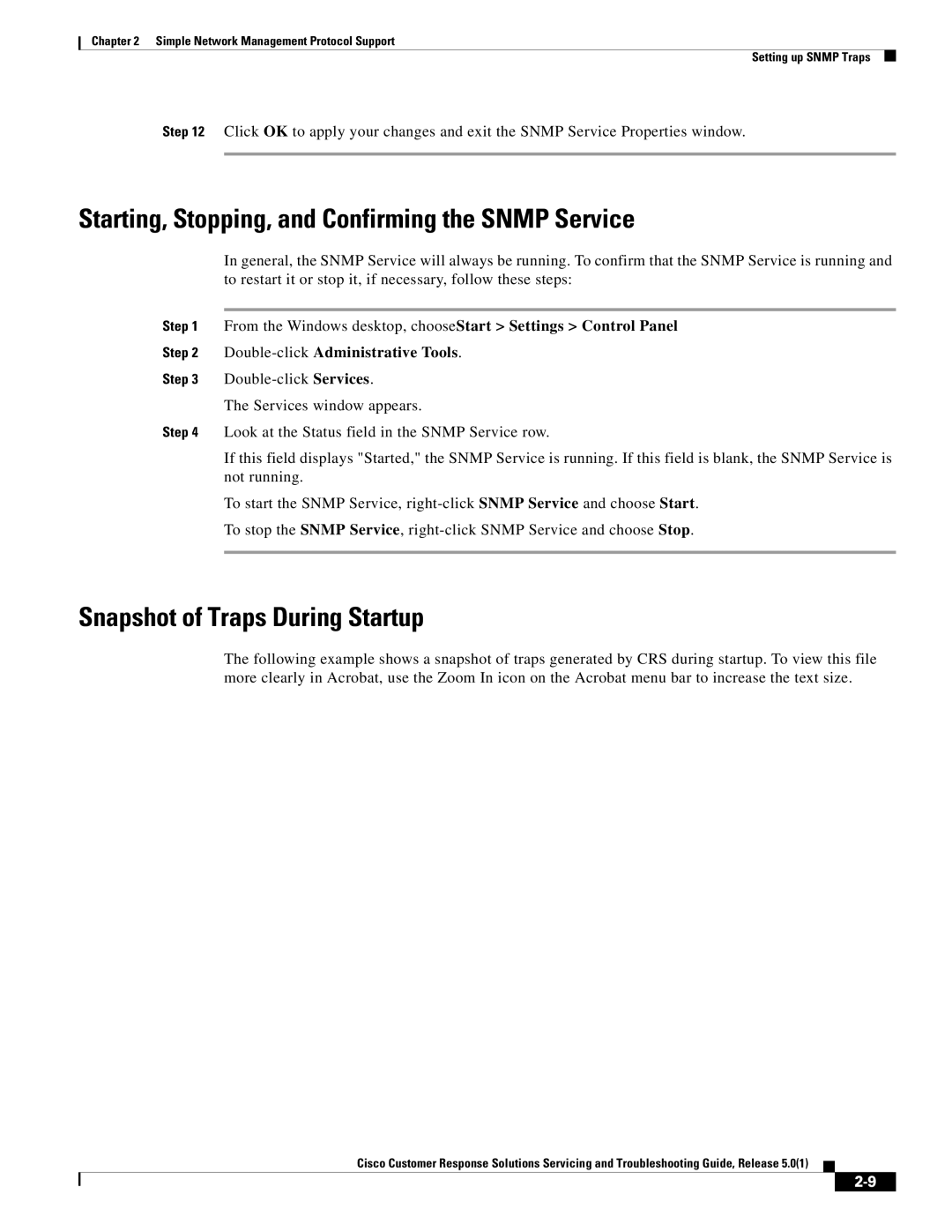 Cisco Systems 5.0(1) manual Starting, Stopping, and Confirming the Snmp Service, Snapshot of Traps During Startup 