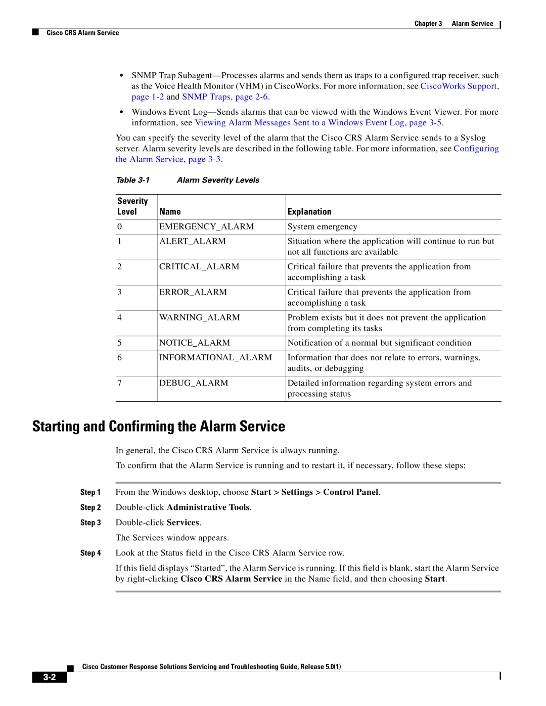 Cisco Systems 5.0(1) manual Starting and Confirming the Alarm Service, Severity Level Name Explanation 