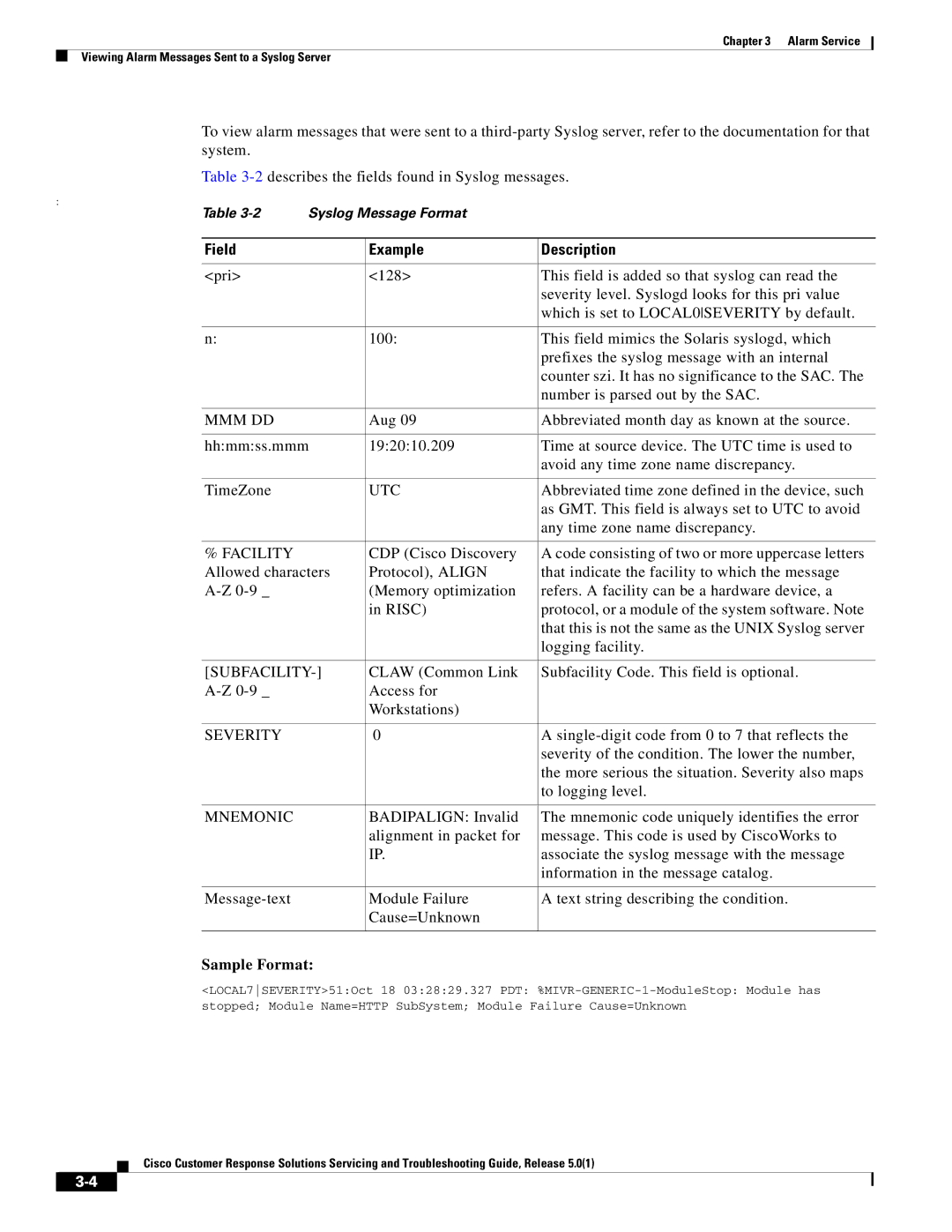 Cisco Systems 5.0(1) manual Field Example Description, Sample Format 