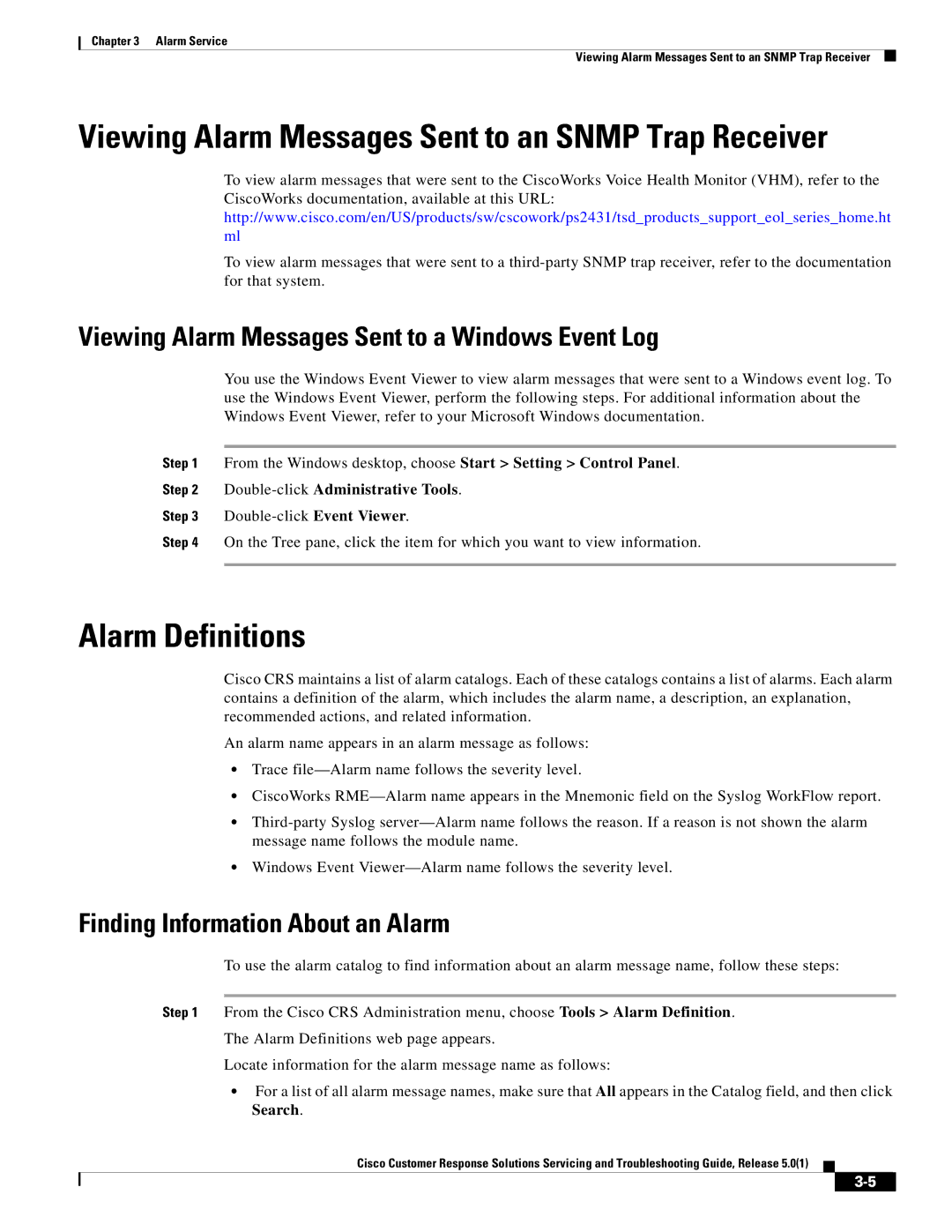 Cisco Systems 5.0(1) manual Alarm Definitions, Viewing Alarm Messages Sent to a Windows Event Log 