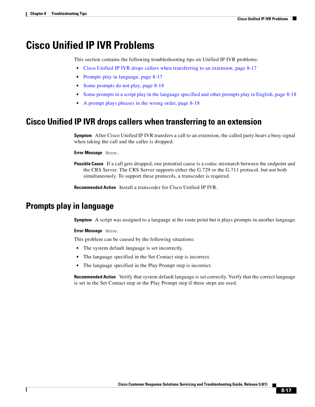 Cisco Systems 5.0(1) manual Cisco Unified IP IVR Problems, Prompts play in language 