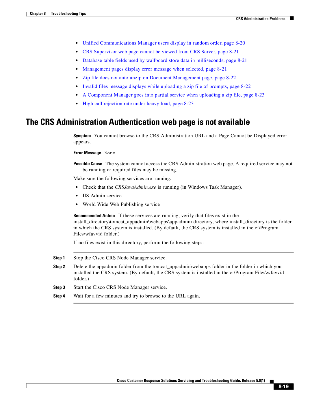 Cisco Systems 5.0(1) manual CRS Administration Authentication web page is not available 