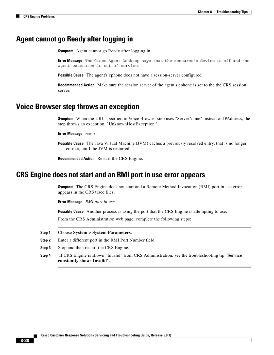Cisco Systems 5.0(1) manual Agent cannot go Ready after logging, Voice Browser step throws an exception 