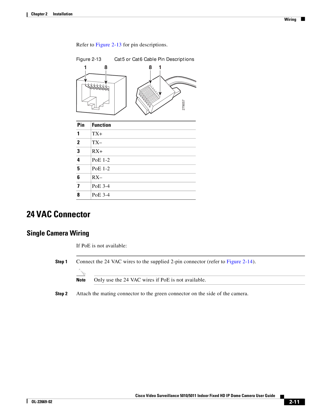 Cisco Systems 5010, 5011 manual VAC Connector, Single Camera Wiring 