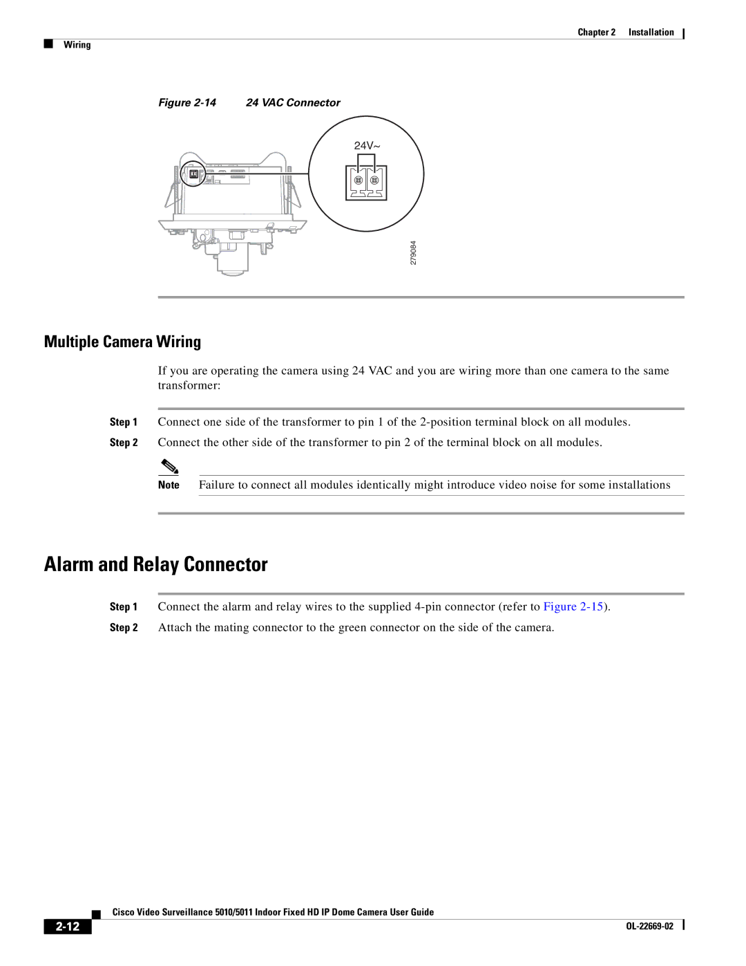 Cisco Systems 5011, 5010 manual Alarm and Relay Connector, Multiple Camera Wiring 