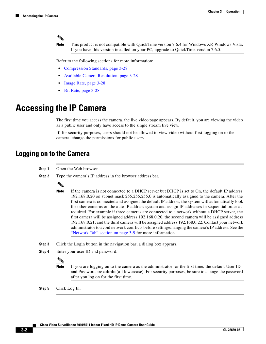 Cisco Systems 5011, 5010 manual Accessing the IP Camera, Logging on to the Camera 