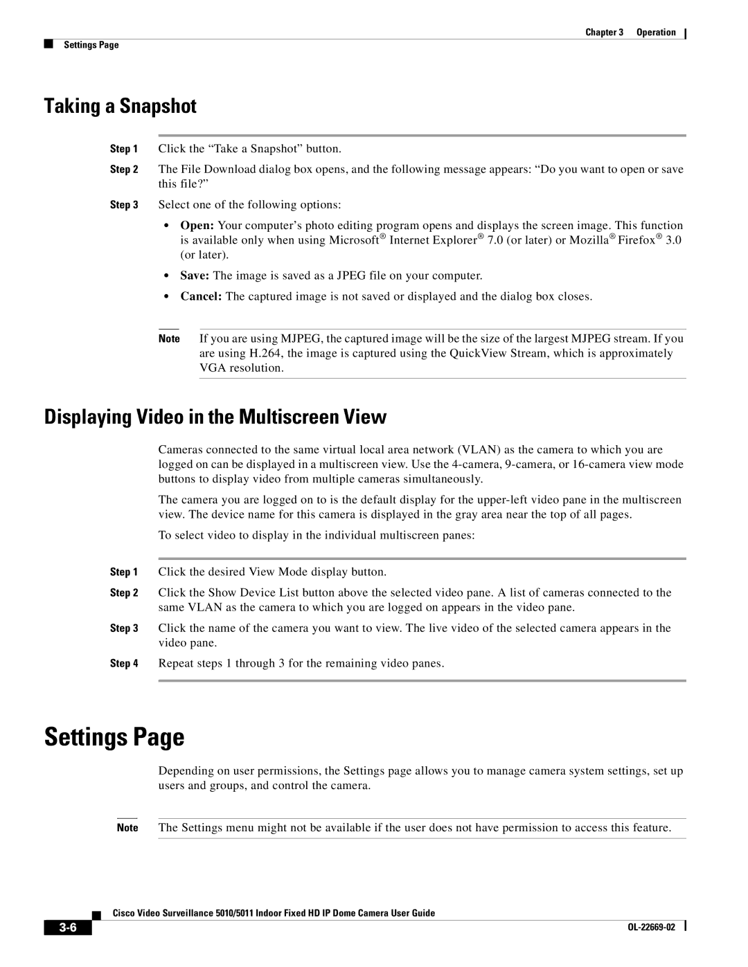 Cisco Systems 5011, 5010 manual Settings, Taking a Snapshot, Displaying Video in the Multiscreen View 