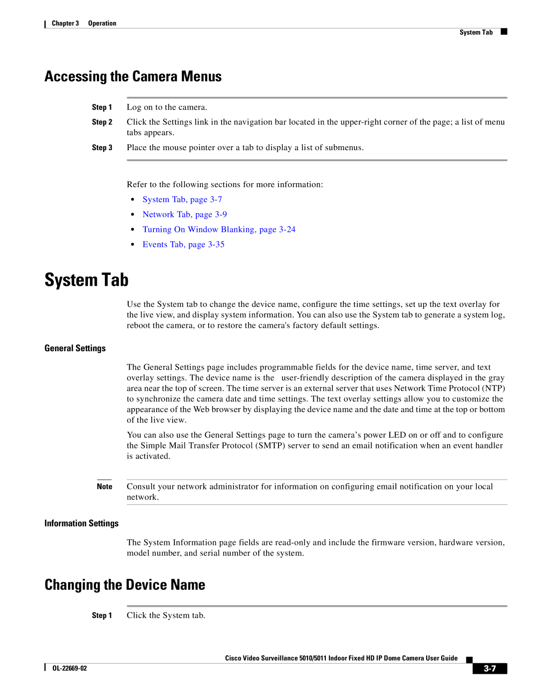 Cisco Systems 5010, 5011 manual System Tab, Accessing the Camera Menus, Changing the Device Name, General Settings 