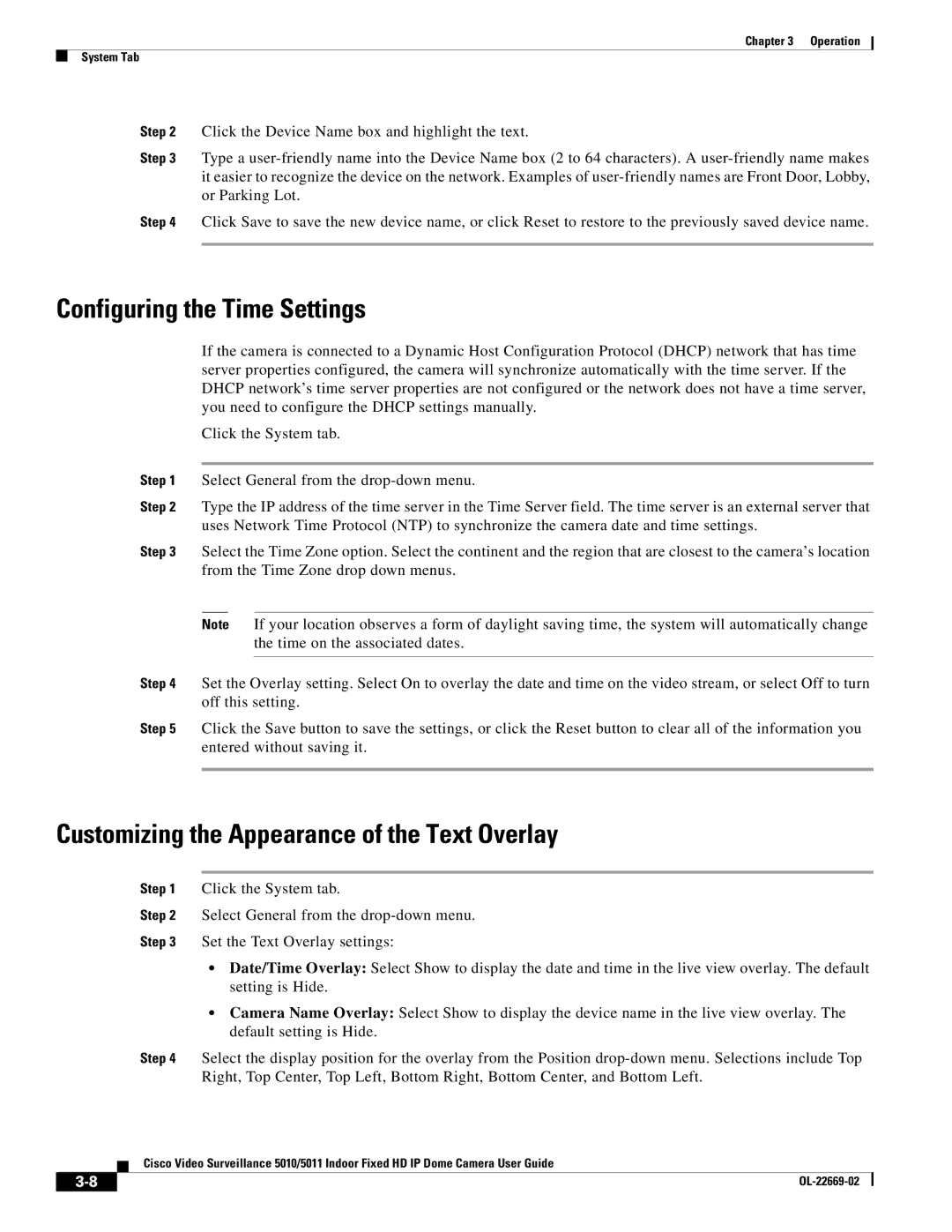 Cisco Systems 5011, 5010 manual Configuring the Time Settings, Customizing the Appearance of the Text Overlay 