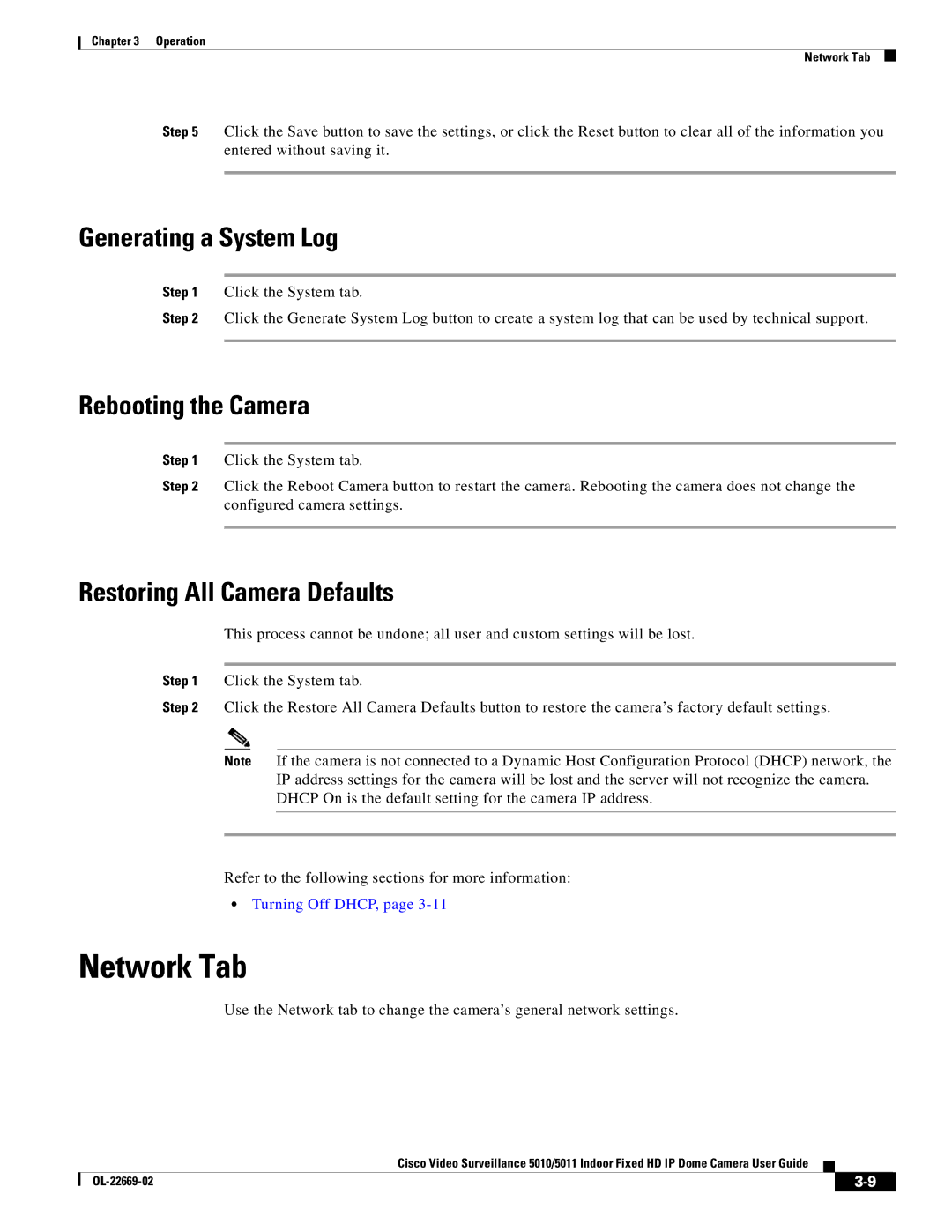 Cisco Systems 5010, 5011 manual Network Tab, Generating a System Log, Rebooting the Camera, Restoring All Camera Defaults 