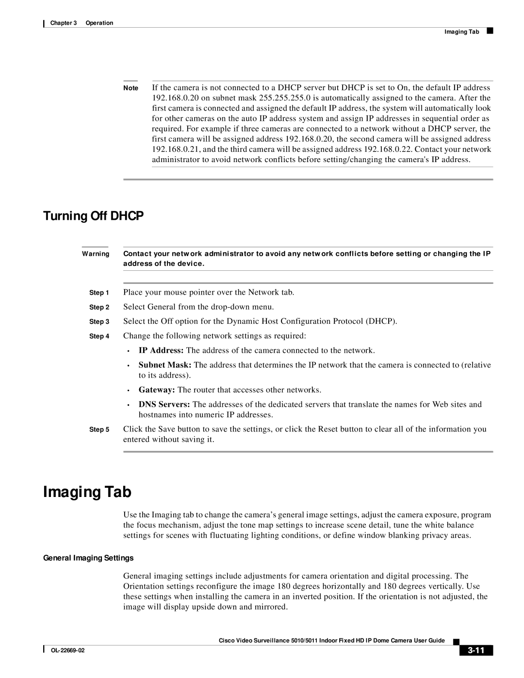 Cisco Systems 5010, 5011 manual Imaging Tab, Turning Off Dhcp, General Imaging Settings 