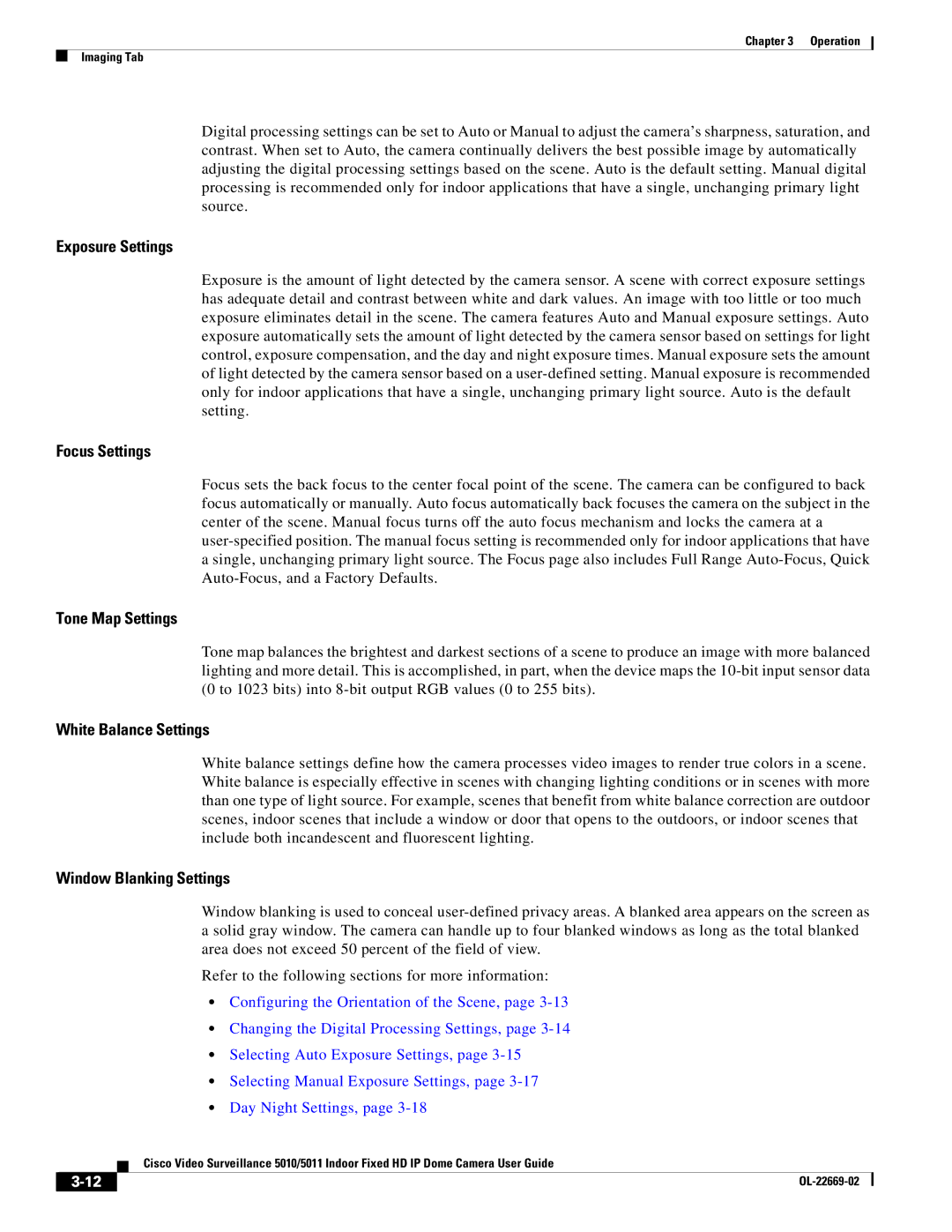 Cisco Systems 5011 Exposure Settings, Focus Settings, Tone Map Settings, White Balance Settings, Window Blanking Settings 