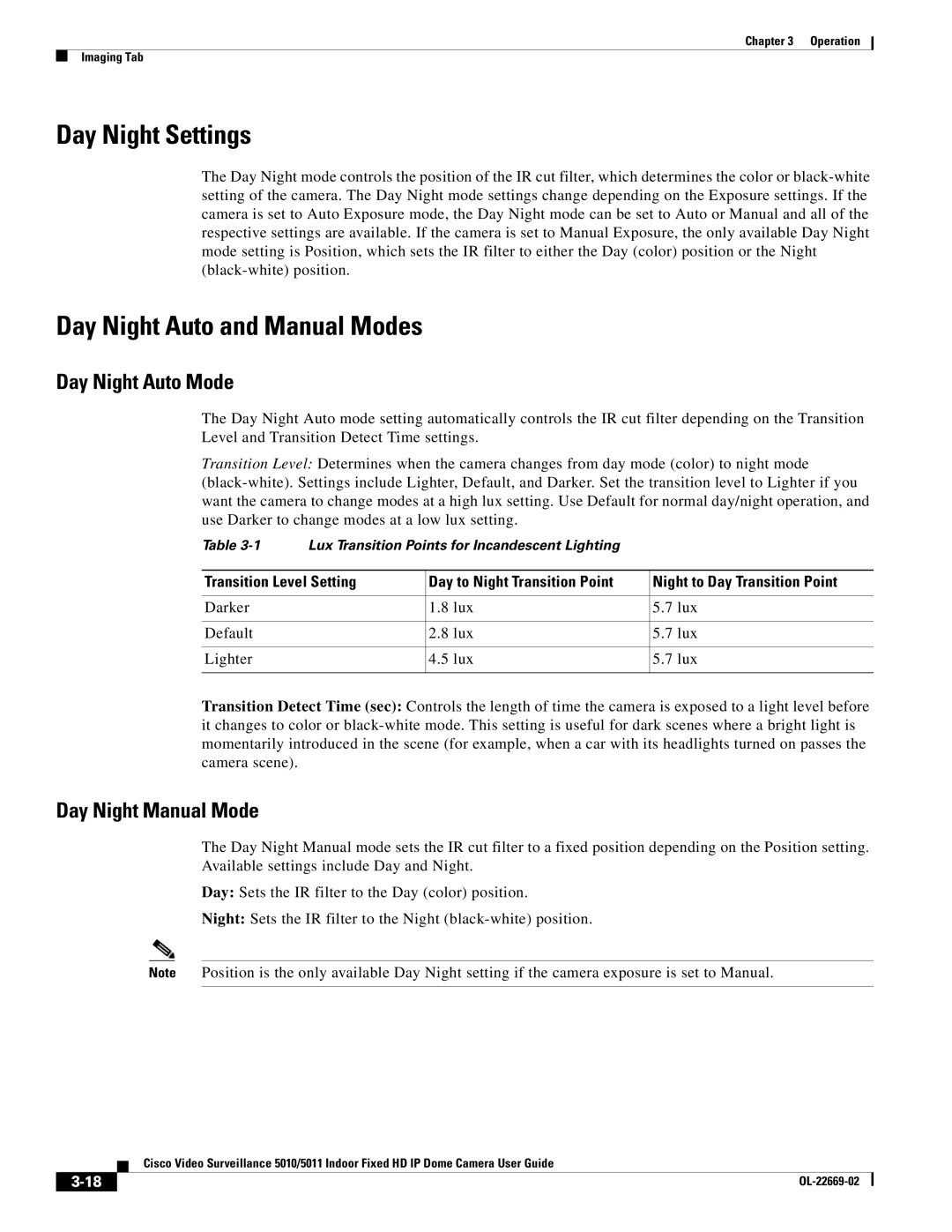 Cisco Systems 5011, 5010 Day Night Settings, Day Night Auto and Manual Modes, Day Night Auto Mode, Day Night Manual Mode 