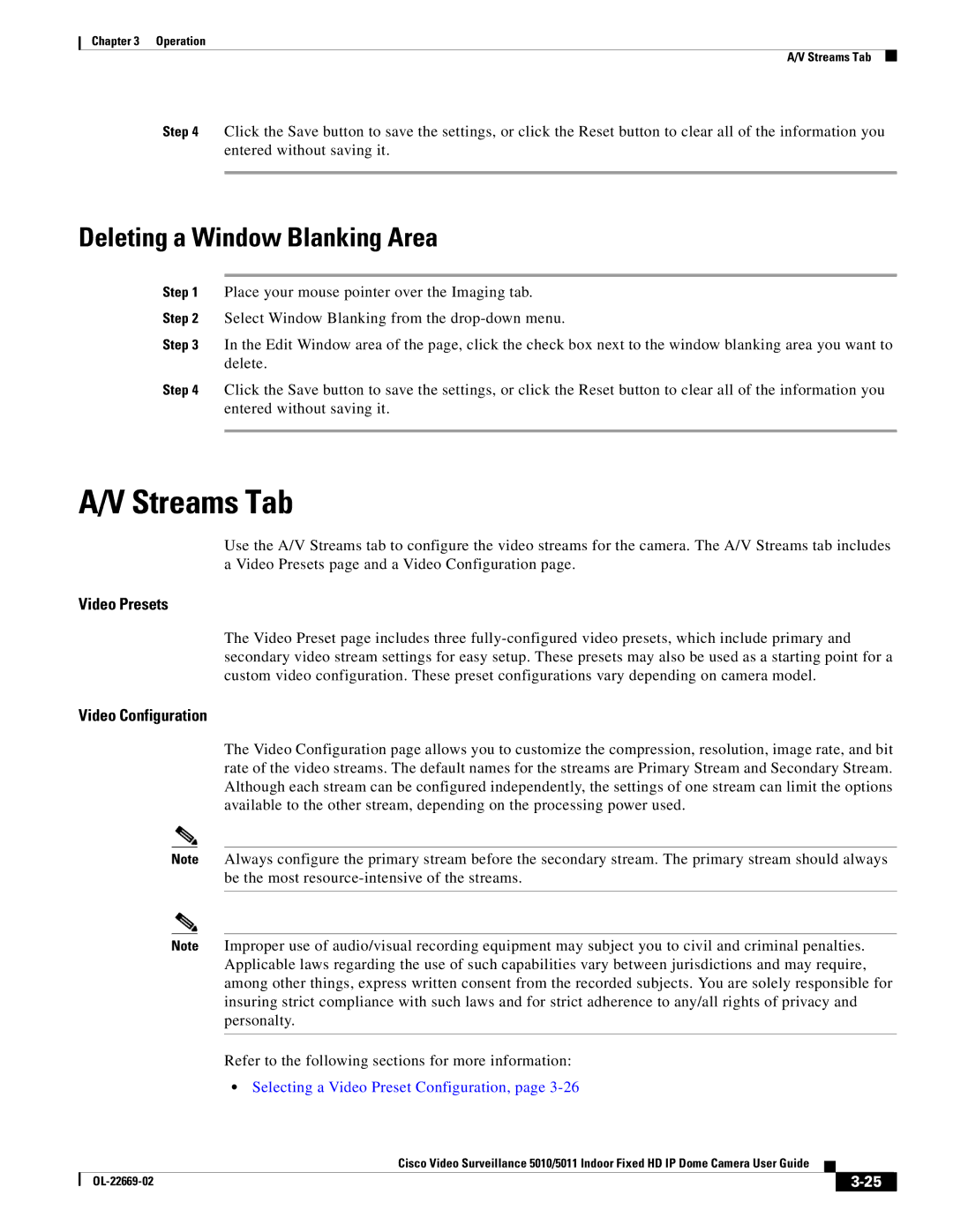 Cisco Systems 5010, 5011 manual Streams Tab, Deleting a Window Blanking Area, Video Presets, Video Configuration 