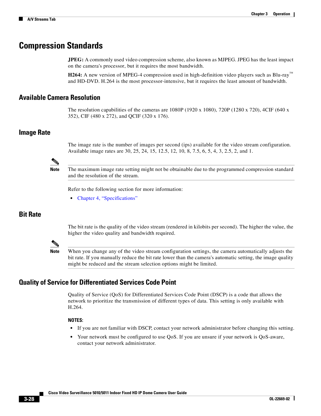 Cisco Systems 5011, 5010 manual Compression Standards, Available Camera Resolution, Image Rate, Bit Rate 