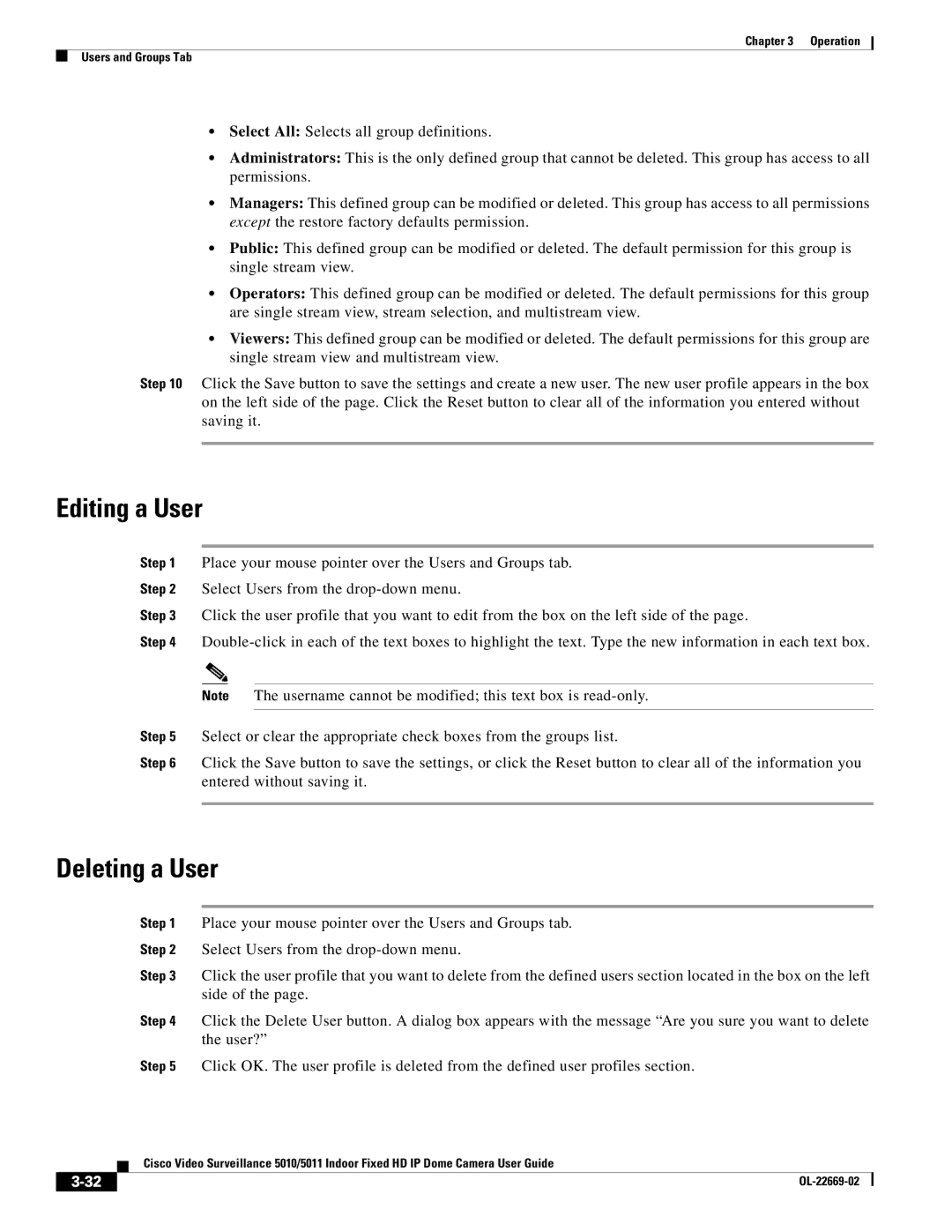 Cisco Systems 5011, 5010 manual Editing a User, Deleting a User 