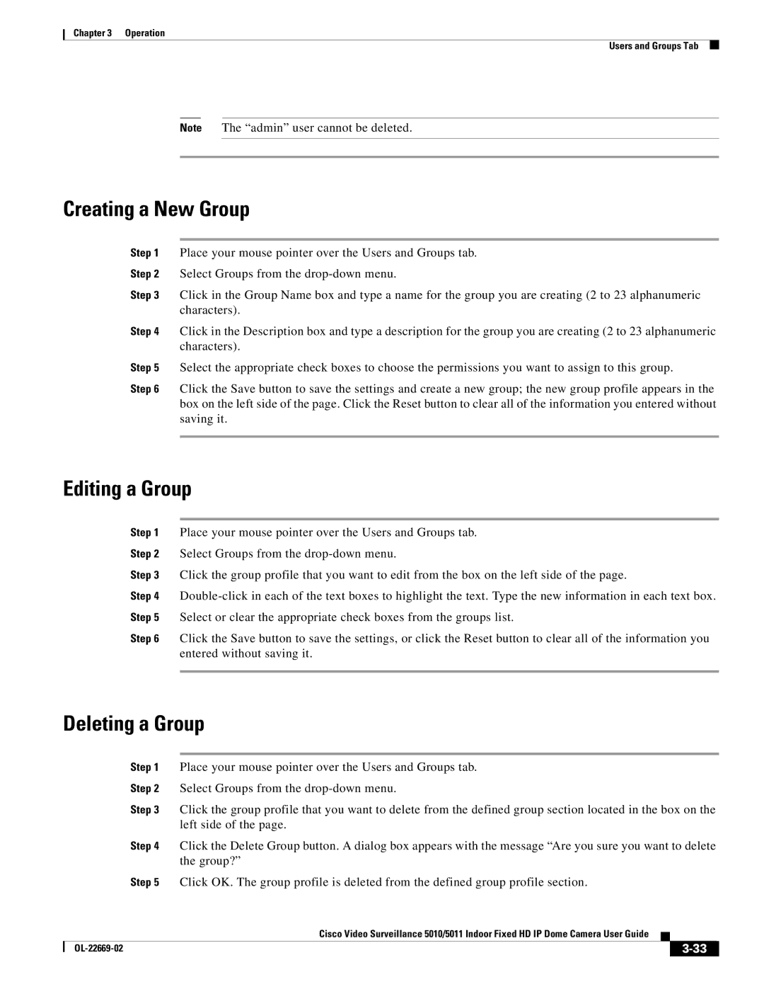 Cisco Systems 5010, 5011 manual Creating a New Group, Editing a Group, Deleting a Group 