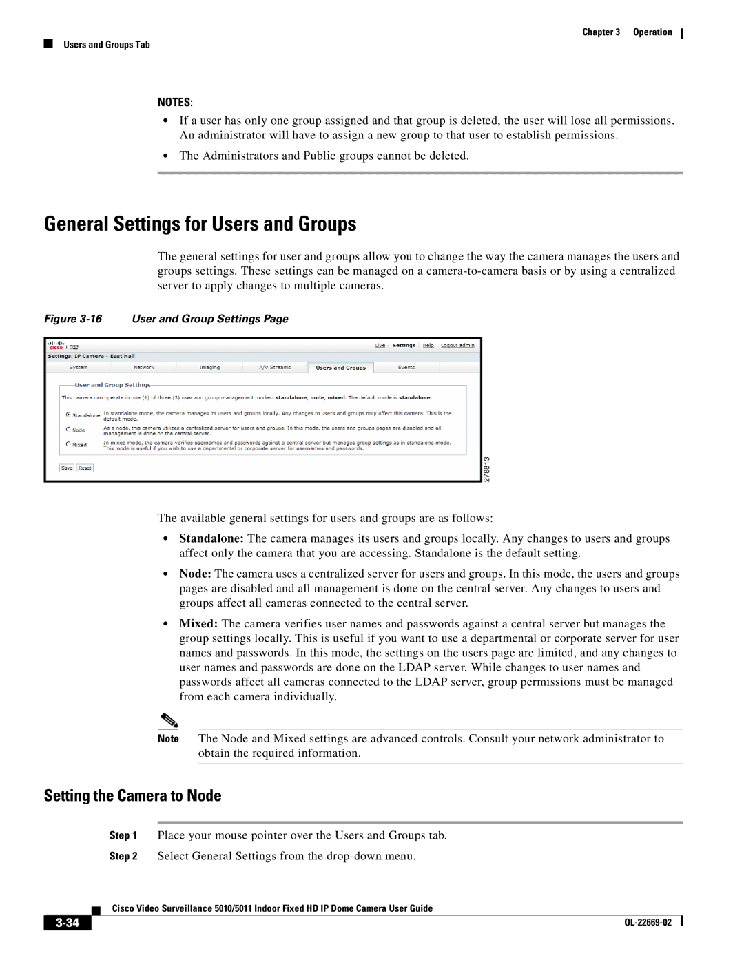 Cisco Systems 5011, 5010 manual General Settings for Users and Groups, Setting the Camera to Node 