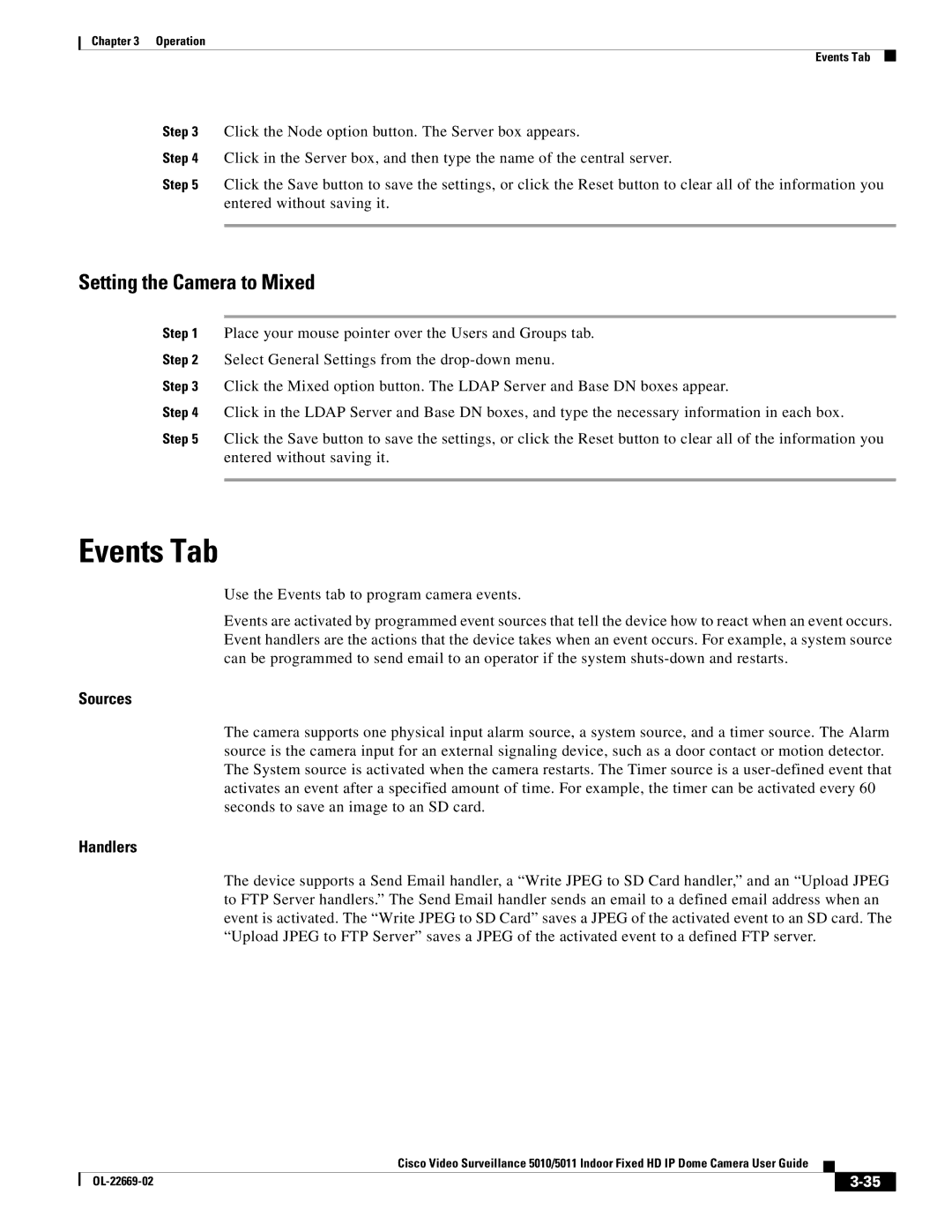 Cisco Systems 5010, 5011 manual Events Tab, Setting the Camera to Mixed, Sources, Handlers 