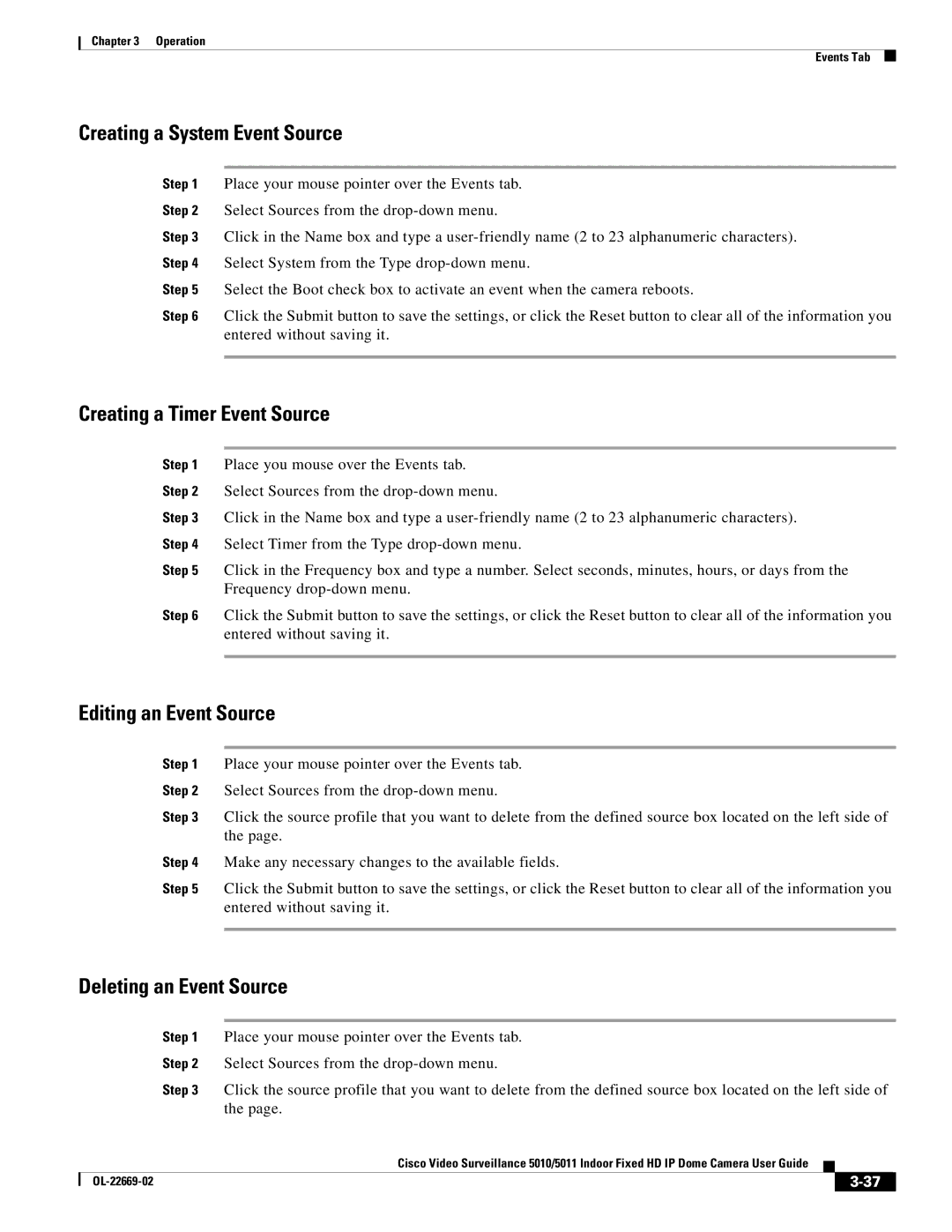 Cisco Systems 5010, 5011 manual Creating a System Event Source, Creating a Timer Event Source, Editing an Event Source 