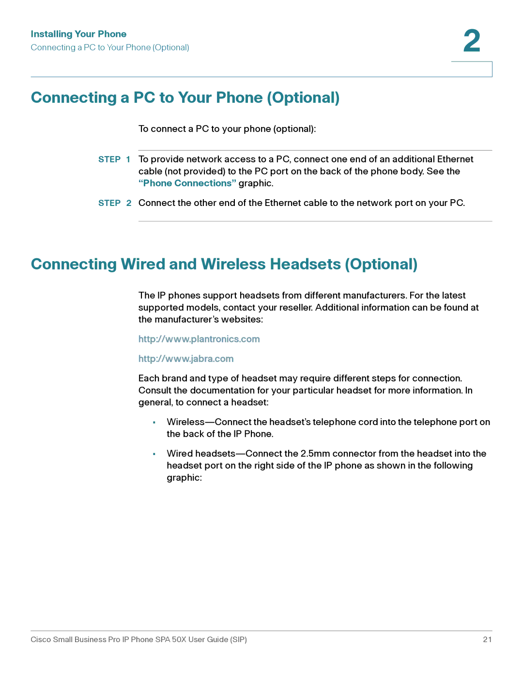 Cisco Systems 509G manual Connecting a PC to Your Phone Optional, Connecting Wired and Wireless Headsets Optional 