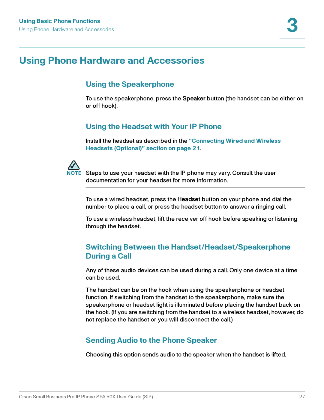 Cisco Systems 509G Using Phone Hardware and Accessories, Using the Speakerphone, Using the Headset with Your IP Phone 