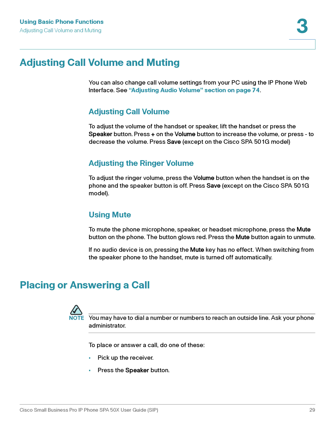 Cisco Systems 509G Adjusting Call Volume and Muting, Placing or Answering a Call, Adjusting the Ringer Volume, Using Mute 