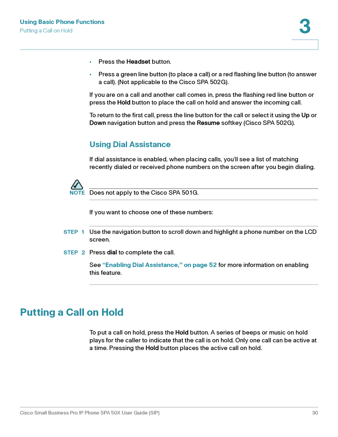 Cisco Systems 509G manual Putting a Call on Hold, Using Dial Assistance 