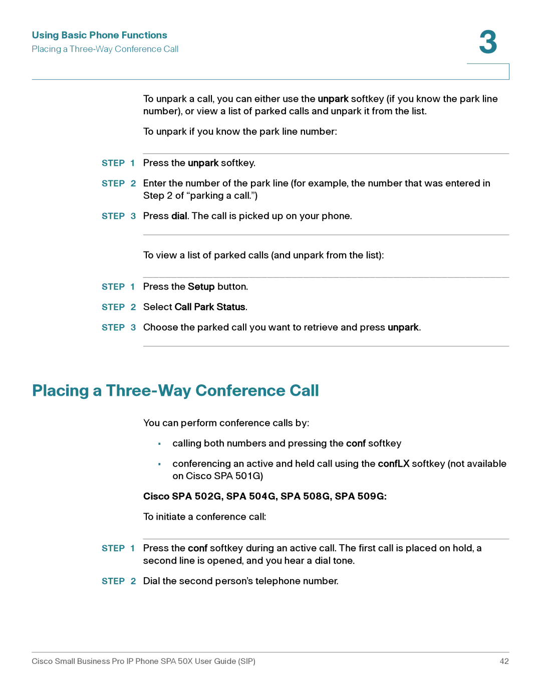 Cisco Systems 509G manual Placing a Three-Way Conference Call, Select Call Park Status 