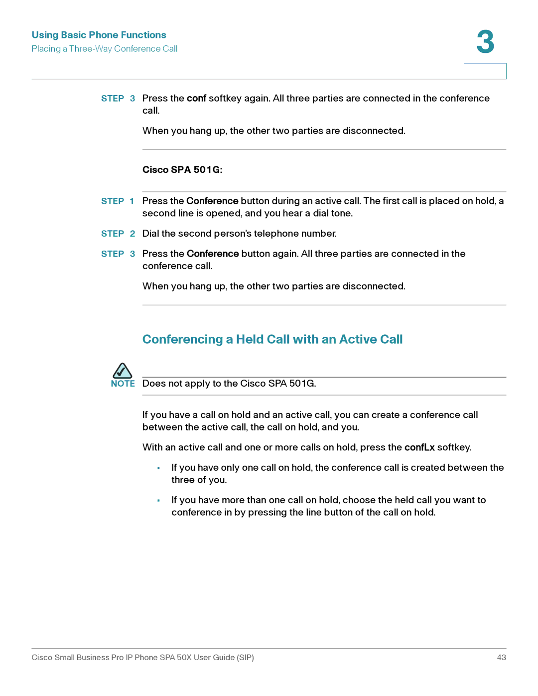 Cisco Systems 509G manual Conferencing a Held Call with an Active Call, Cisco SPA 501G 