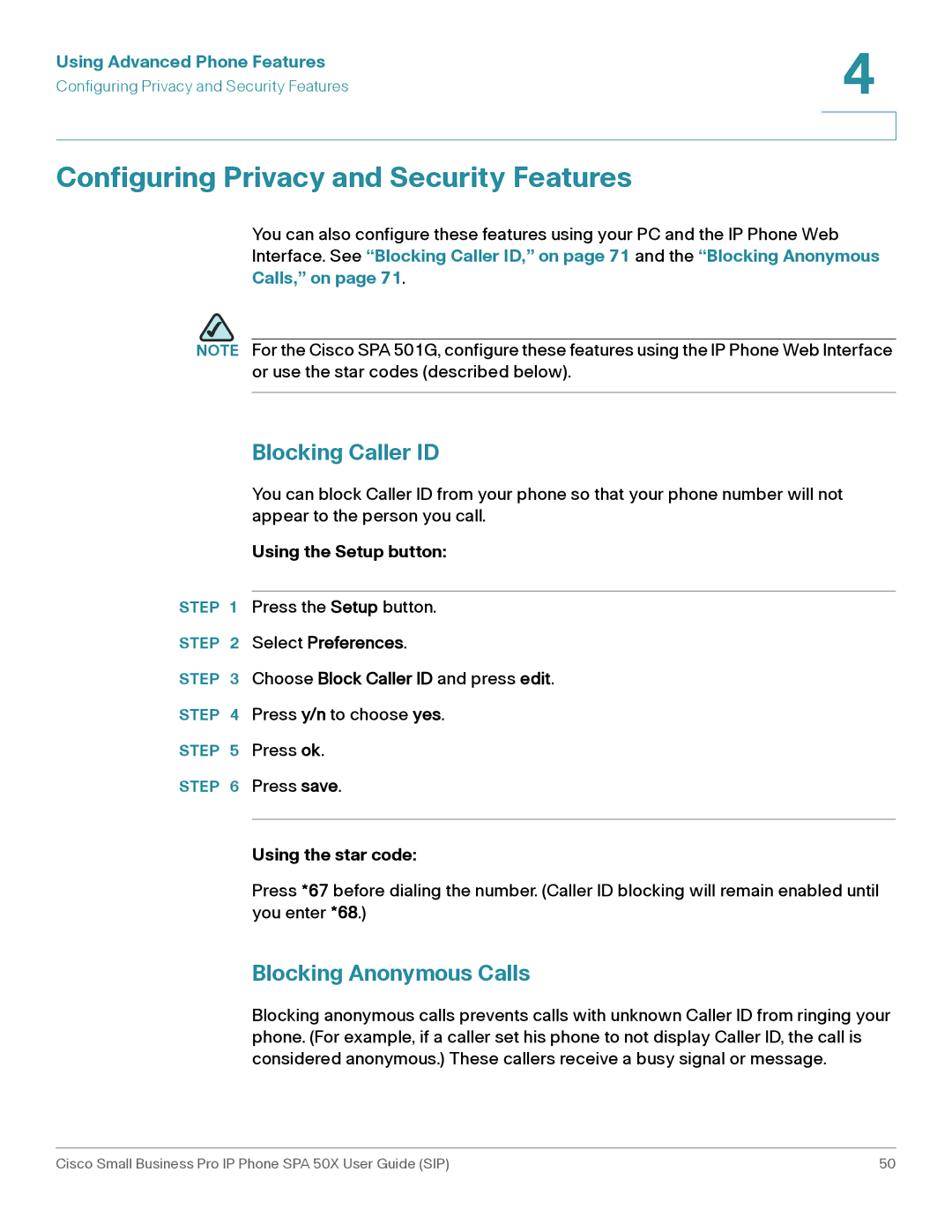 Cisco Systems 509G manual Configuring Privacy and Security Features, Blocking Caller ID, Blocking Anonymous Calls 