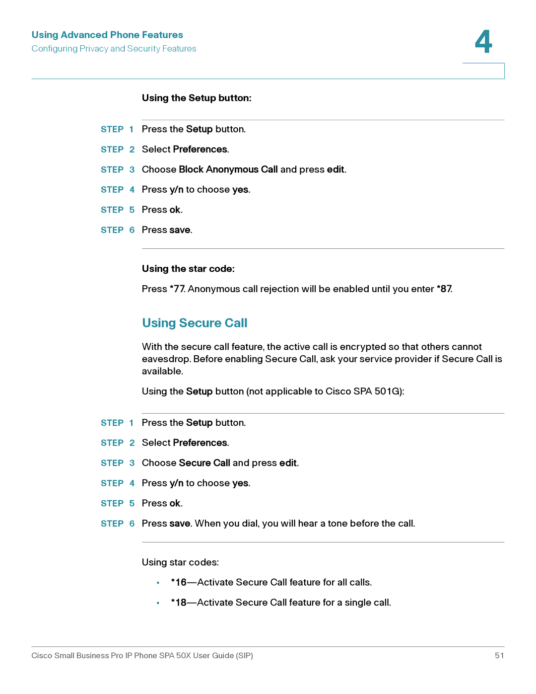 Cisco Systems 509G manual Using Secure Call, Choose Block Anonymous Call and press edit 