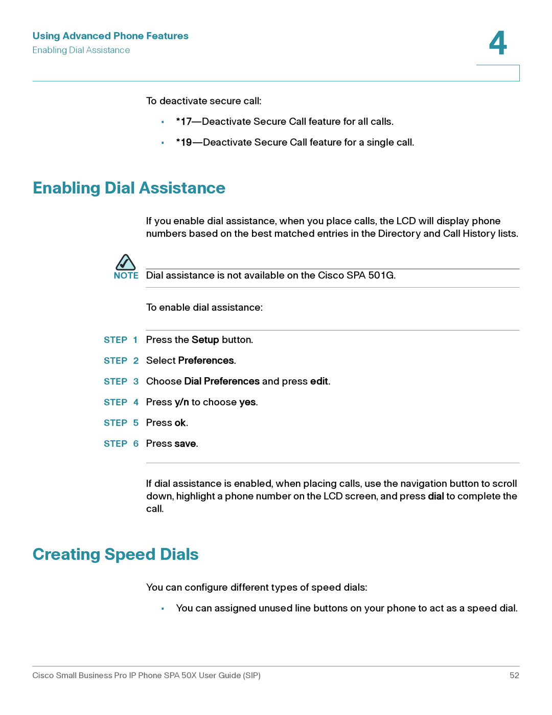 Cisco Systems 509G manual Enabling Dial Assistance, Creating Speed Dials 